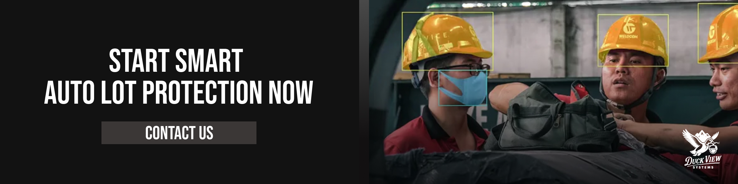 Start Smart Auto Lot Protection Now Workers wearing safety helmets being monitored with AI detection, showcasing smart auto lot protection and PPE compliance technology