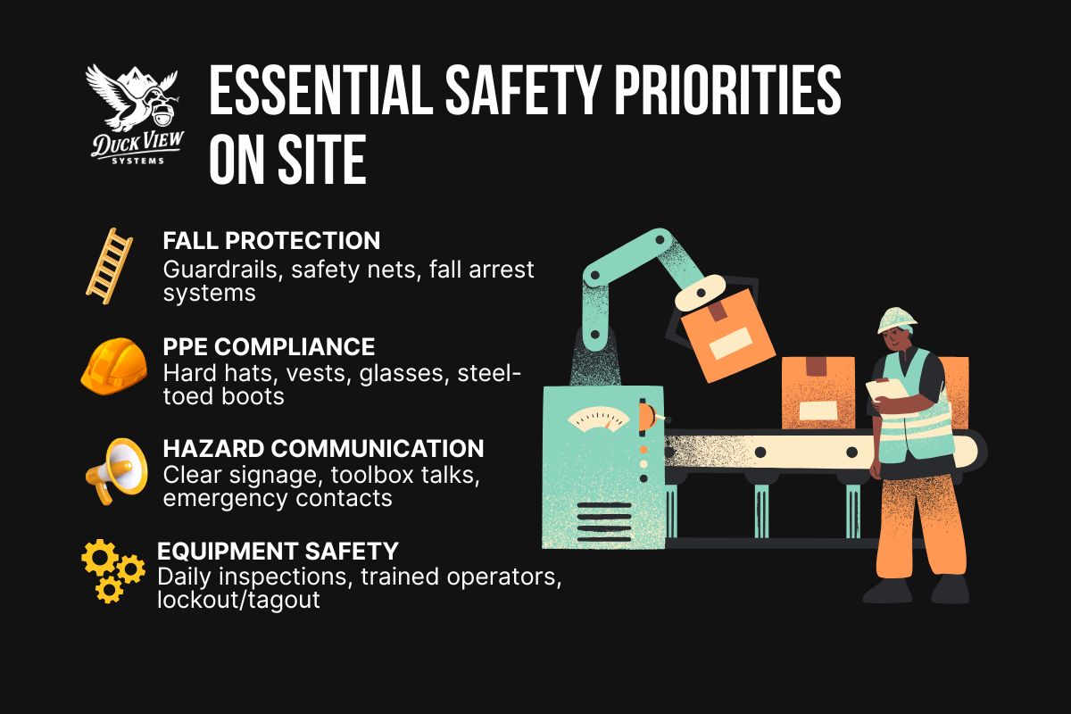 Construction Site Safety Best Practices A construction site with heavy equipment and safety systems in place, illustrating key construction site safety practices