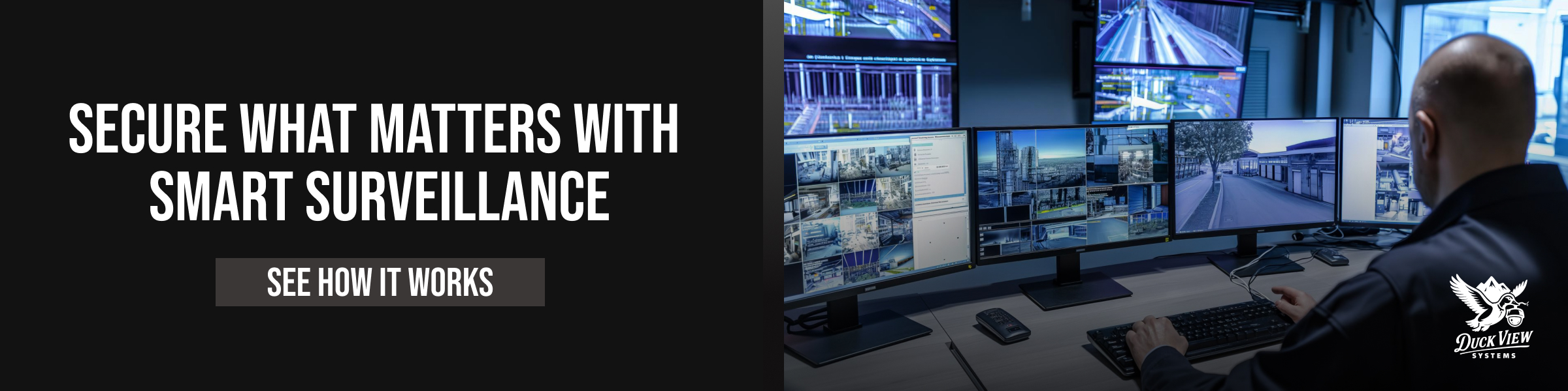 Secure What Matters with Smart Surveillance Operator monitoring multiple screens in a control room using smart surveillance technology to enhance security and protect critical assets
