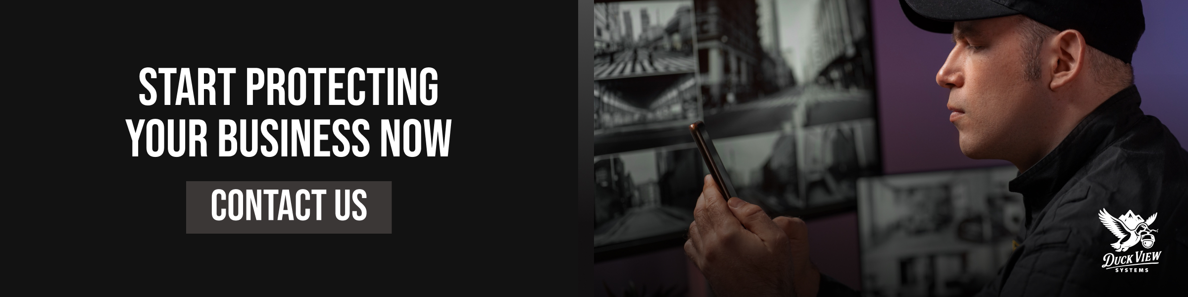 Start Protecting Your Business Now Operator checks phone before live surveillance monitors; Business security cameras and monitoring enable fast response.