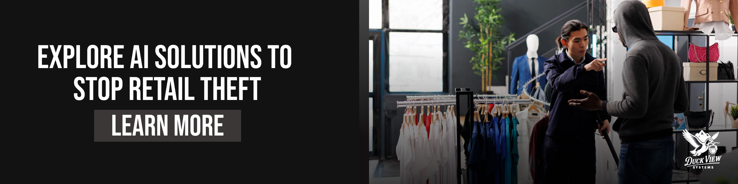 AI Solutions to Stop Retail Theft Retail security guard confronting suspect in store, promoting AI solutions to stop retail theft with smart monitoring technology.