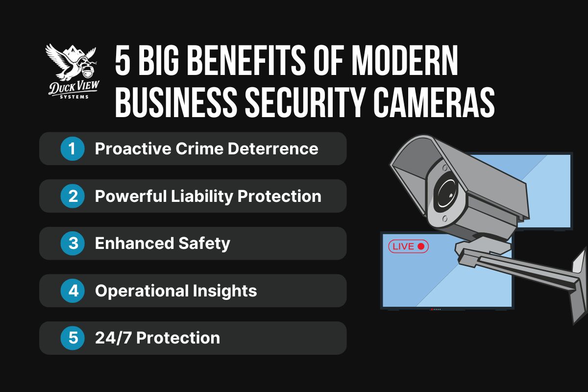 Top 5 Benefits of Business Security Cameras Graphic shows five benefits of Business security cameras: deterrence, liability, safety, insights, and 24/7 protection.