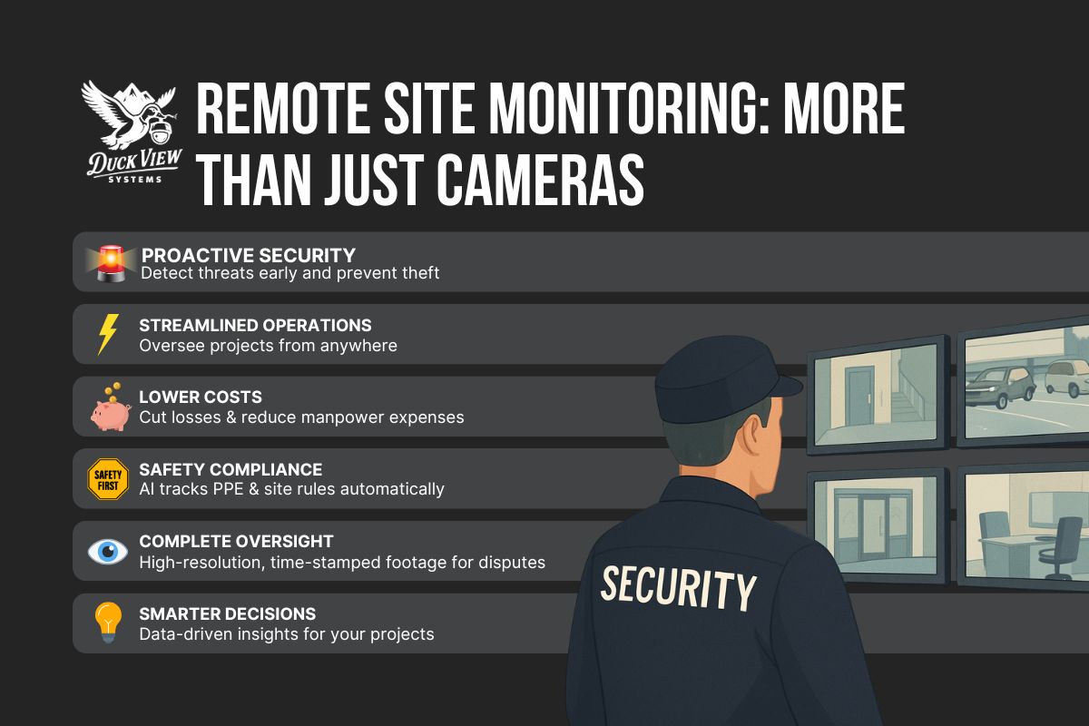 Remote Site Monitoring: Beyond Cameras Remote site monitoring infographic showing proactive security, lower costs, safety compliance, and complete oversight.