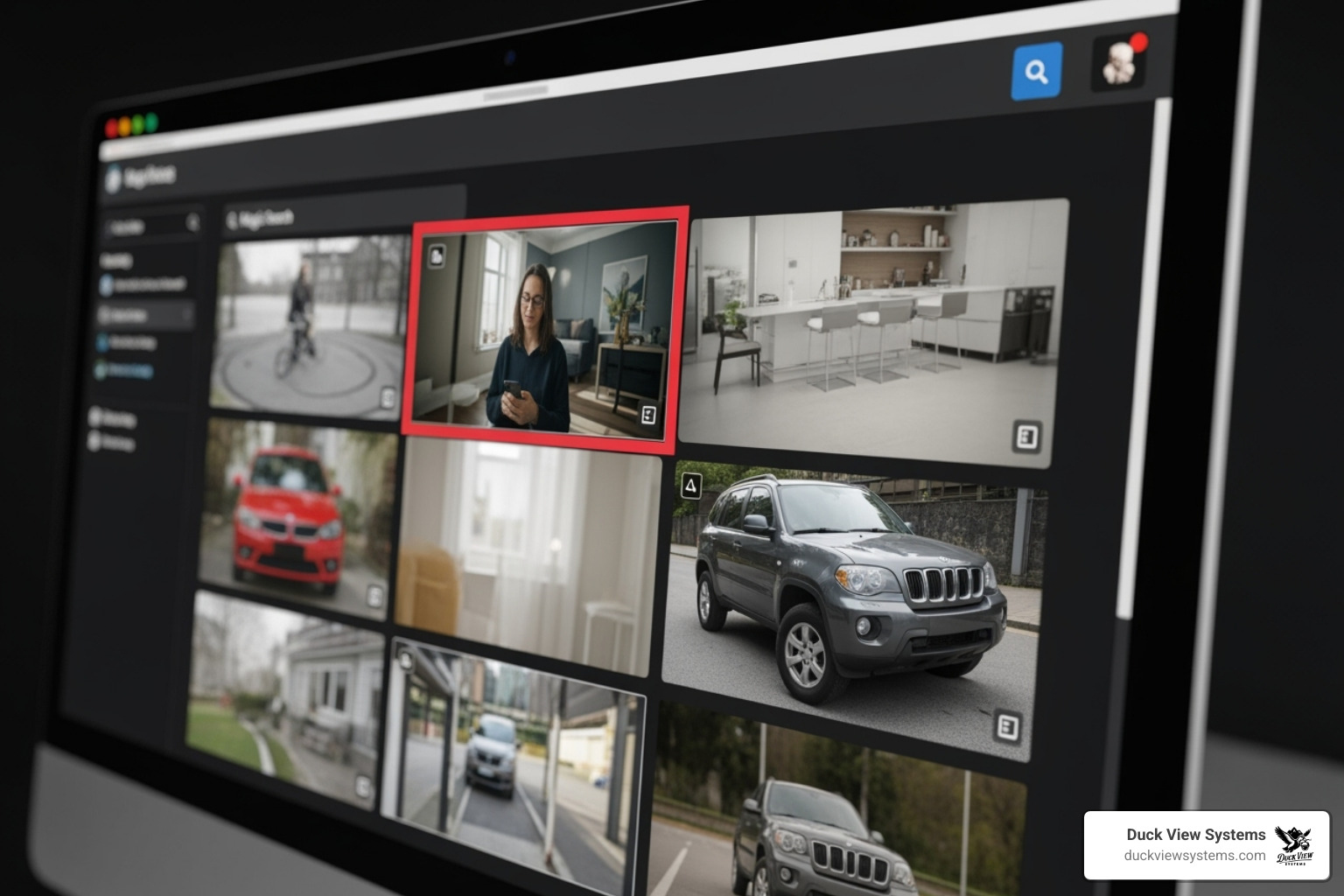 A user interface showing the Natural Language Search feature filtering through video thumbnails for ai surveillance monitoring A user interface showing the Natural Language Search feature filtering through video thumbnails for ai surveillance monitoring