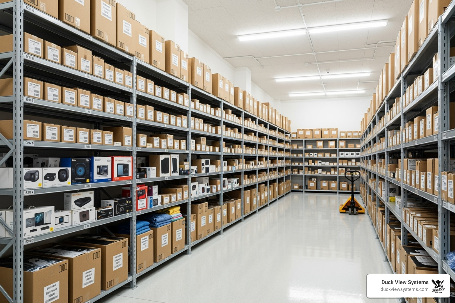 Organized Retail Stockroom to Deter Employee Theft Orderly retail stockroom with labeled shelves, showing how to prevent employee theft in retail with inventory tracking.