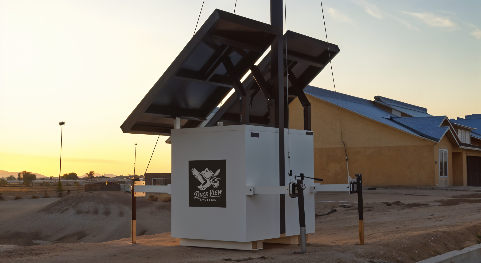 Solar-Powered Portable Security Tower Duck View Systems solar-powered portable security tower deployed at a construction site, showcasing off-grid surveillance technology.