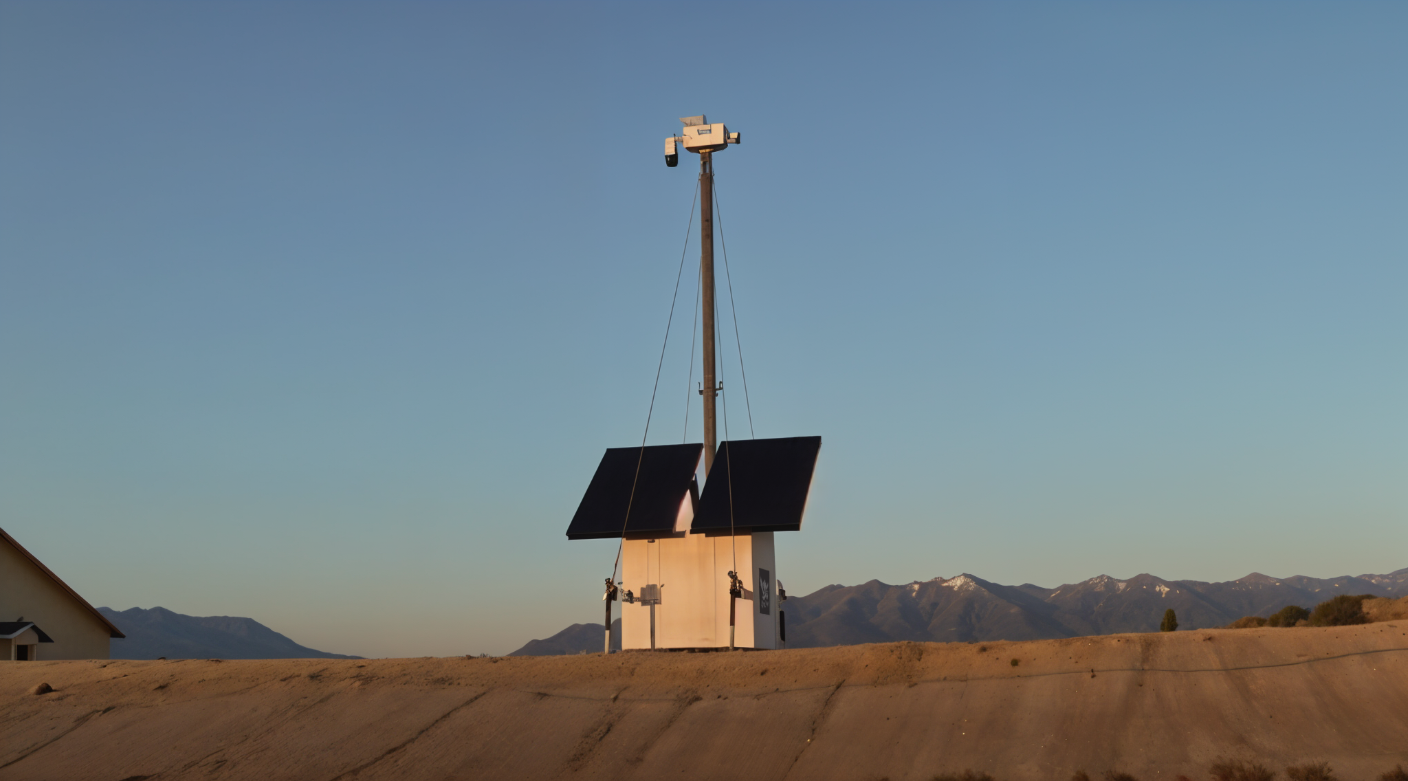 Solar-Powered Remote Video Guarding Unit Duck View Systems solar-powered mobile surveillance tower in a remote desert area, showcasing advanced remote video guarding technology.