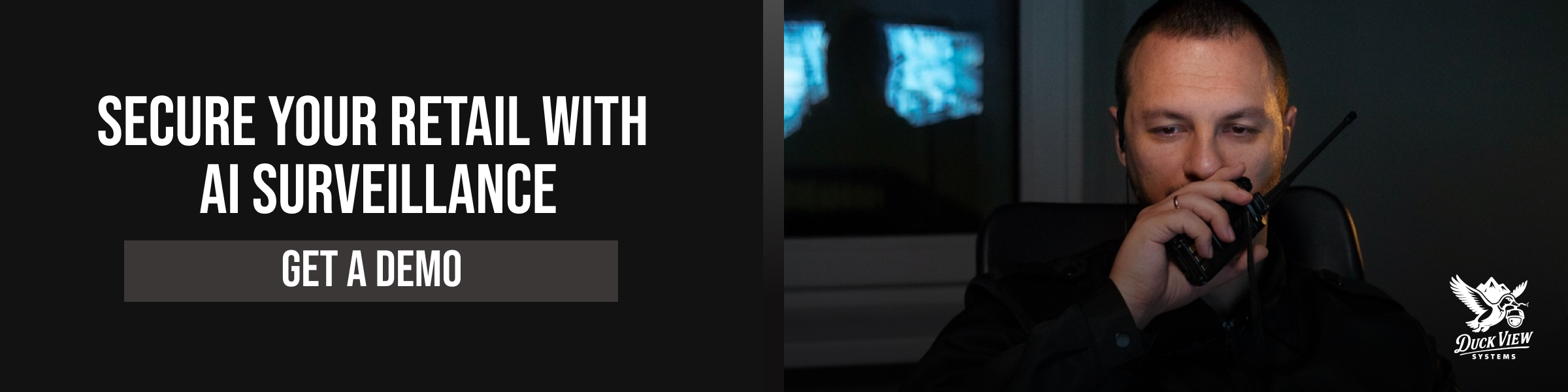 Secure Your Retail with AI Surveillance A security officer using a walkie-talkie monitors store activity, highlighting how to prevent and handle robberies and theft in retail.