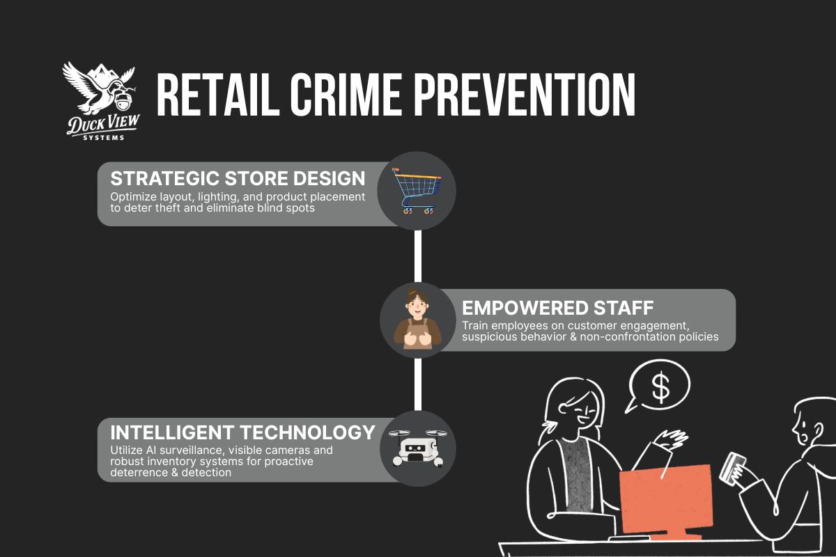 Retail Crime Prevention Strategies An infographic showing key steps on how to prevent and handle robberies and theft in retail through store design, staff training, and technology.