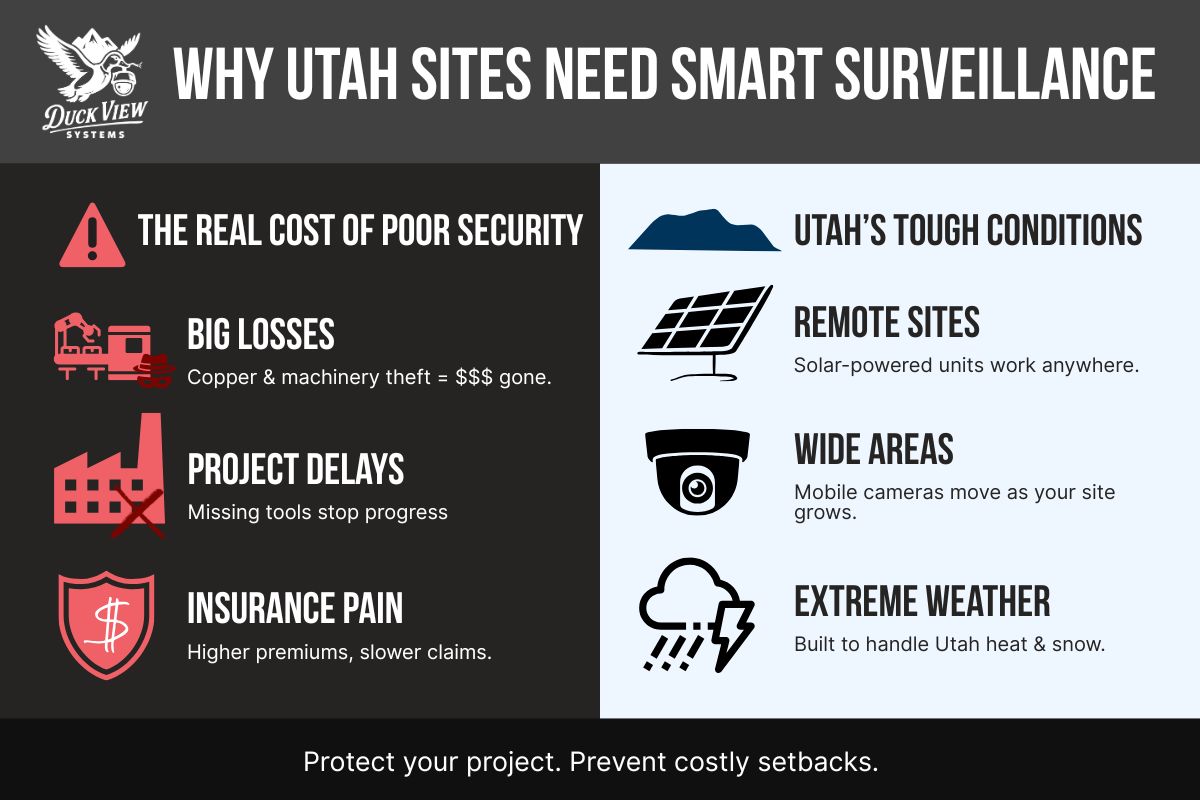 Why Utah Construction Sites Need Smart Surveillance Infographic explaining why construction surveillance Utah is essential, highlighting theft prevention, remote coverage, and weather durability.
