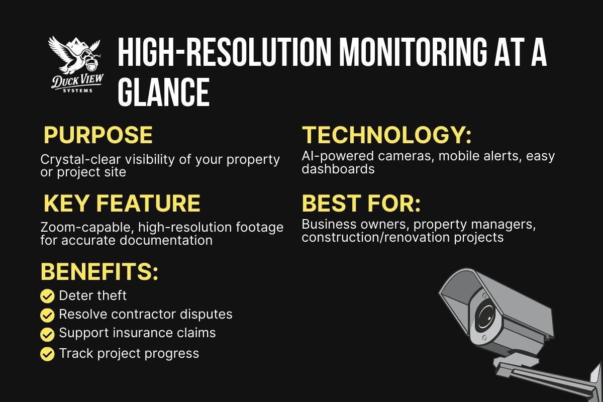 High-Resolution Monitoring Overview Infographic explaining features of Portable security towers, highlighting AI-powered cameras, theft prevention, and project monitoring benefits.