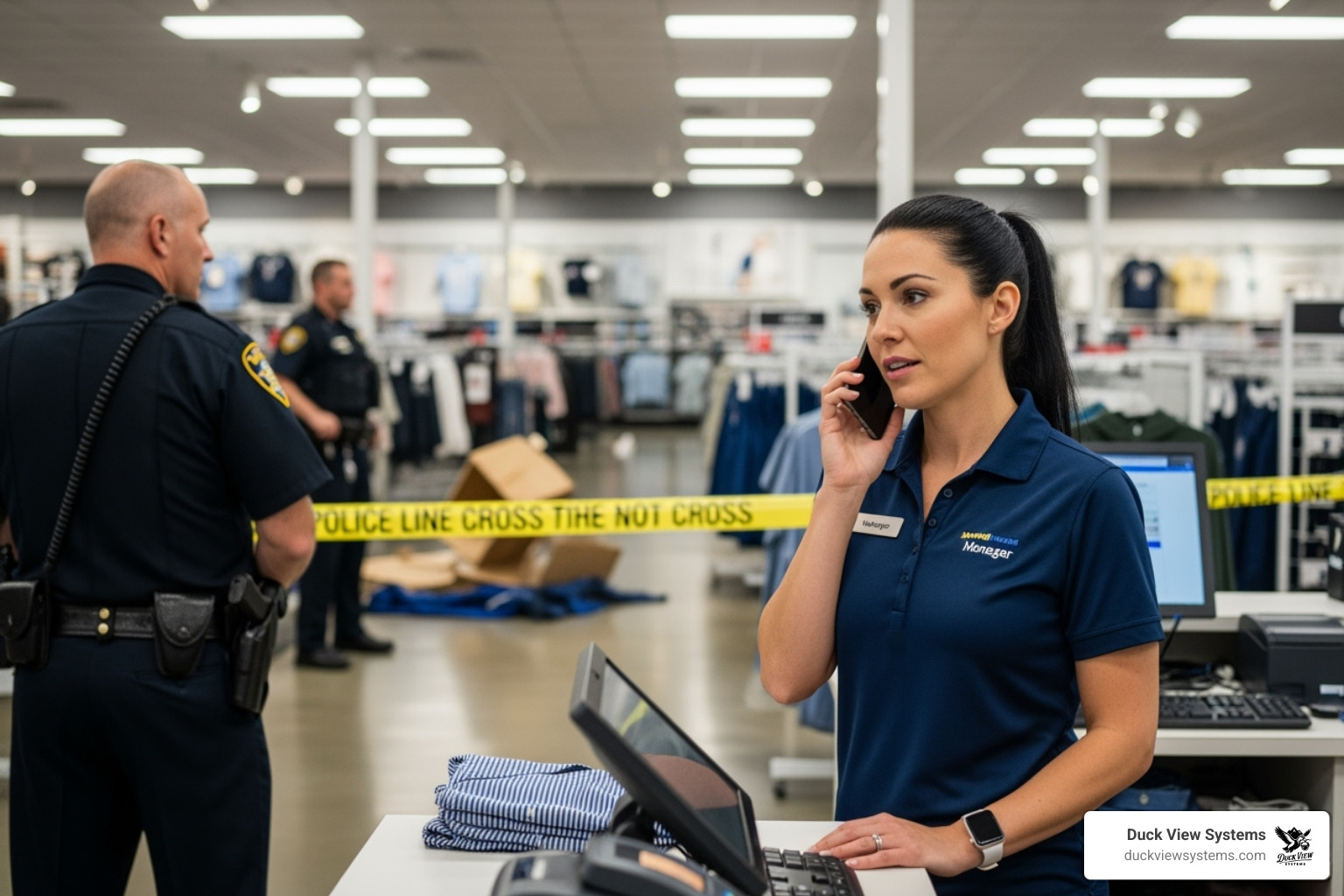 Reporting Retail Theft Incidents A store manager calls police after a robbery inside a retail store, showing how to prevent and handle robberies and theft in retail.