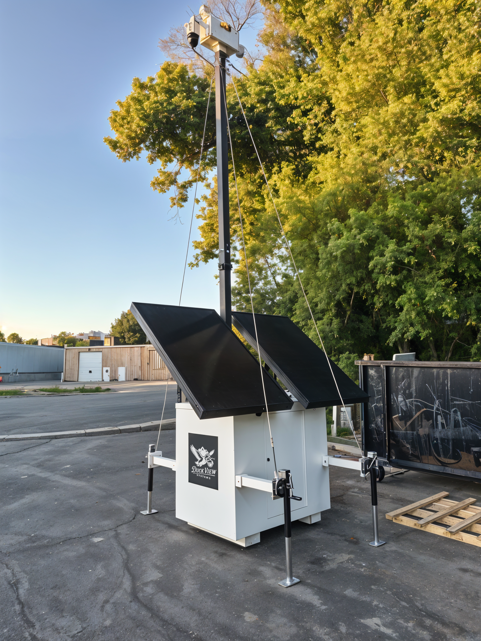 Duck View Systems Mobile Surveillance Trailer Duck View Systems mobile surveillance trailer with solar panels and mounted cameras, featuring a telescoping mast for off-grid security monitoring.