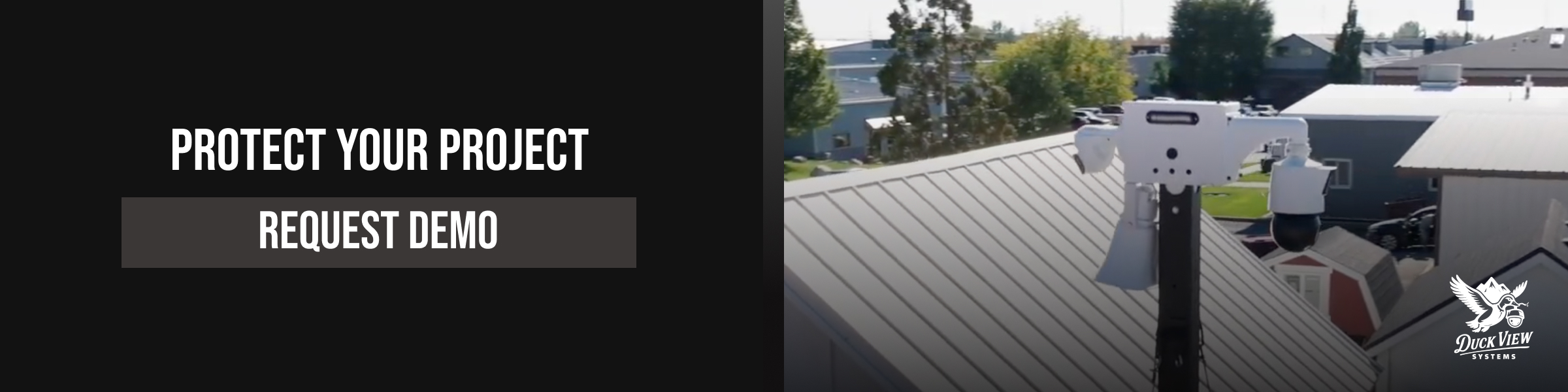 Protect Your Project with Mobile Security Mobile security solution camera system mounted on a rooftop, promoting project protection and demo request for site safety.