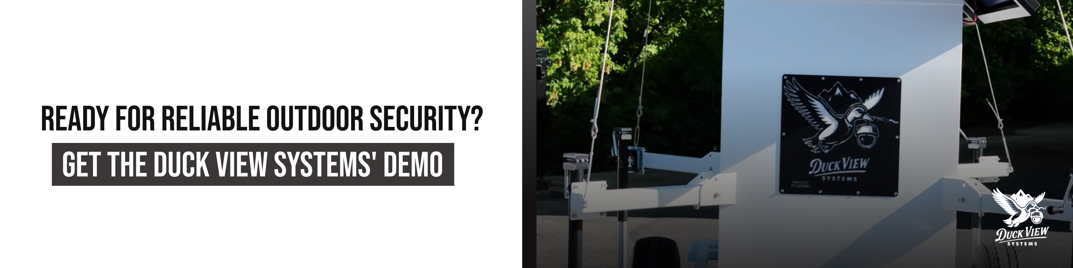 Wireless Outdoor Security Camera Demo CTA Duck View Systems wireless outdoor security camera unit beside a CTA inviting users to request a demo, highlighting the best wireless outdoor security camera option.