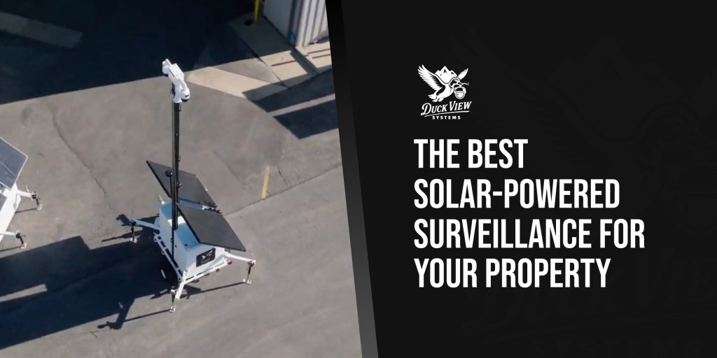 A mobile security tower with solar panels providing Solar powered surveillance for outdoor properties, shown in an industrial lot from above.