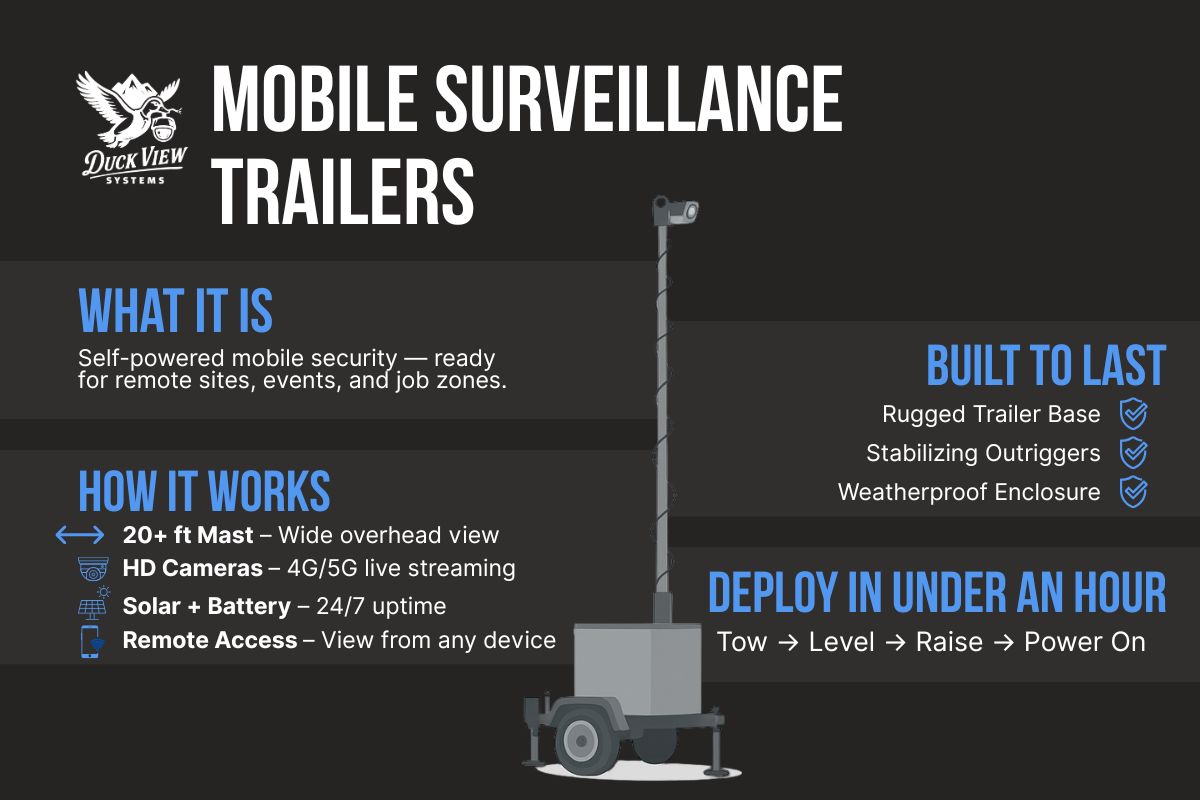 Mobile Surveillance Trailers Overview Informational graphic explaining mobile surveillance trailers, showing features like HD cameras, solar power, remote access, and quick setup steps.