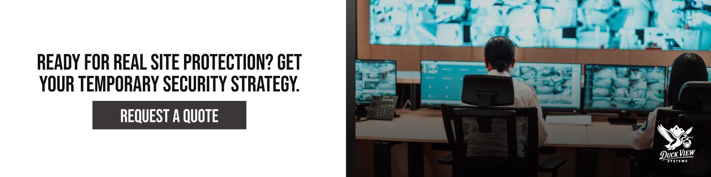Request a Temporary Security Strategy Quote Temporary security solutions showcased in a live monitoring center, with operators overseeing surveillance screens to protect sites and respond to threats.