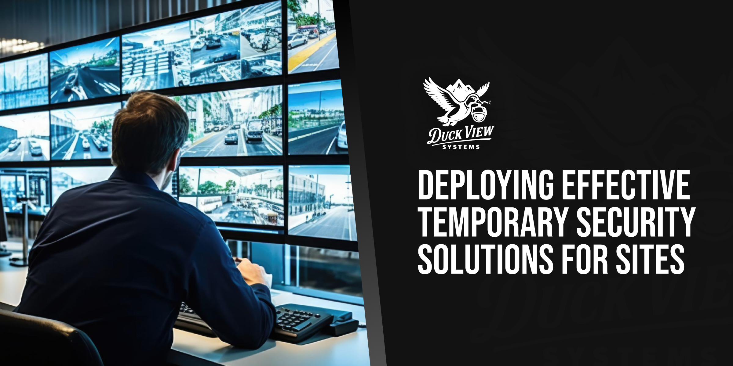 Temporary security solutions monitored from a control room, showing operators overseeing live camera feeds to protect sites