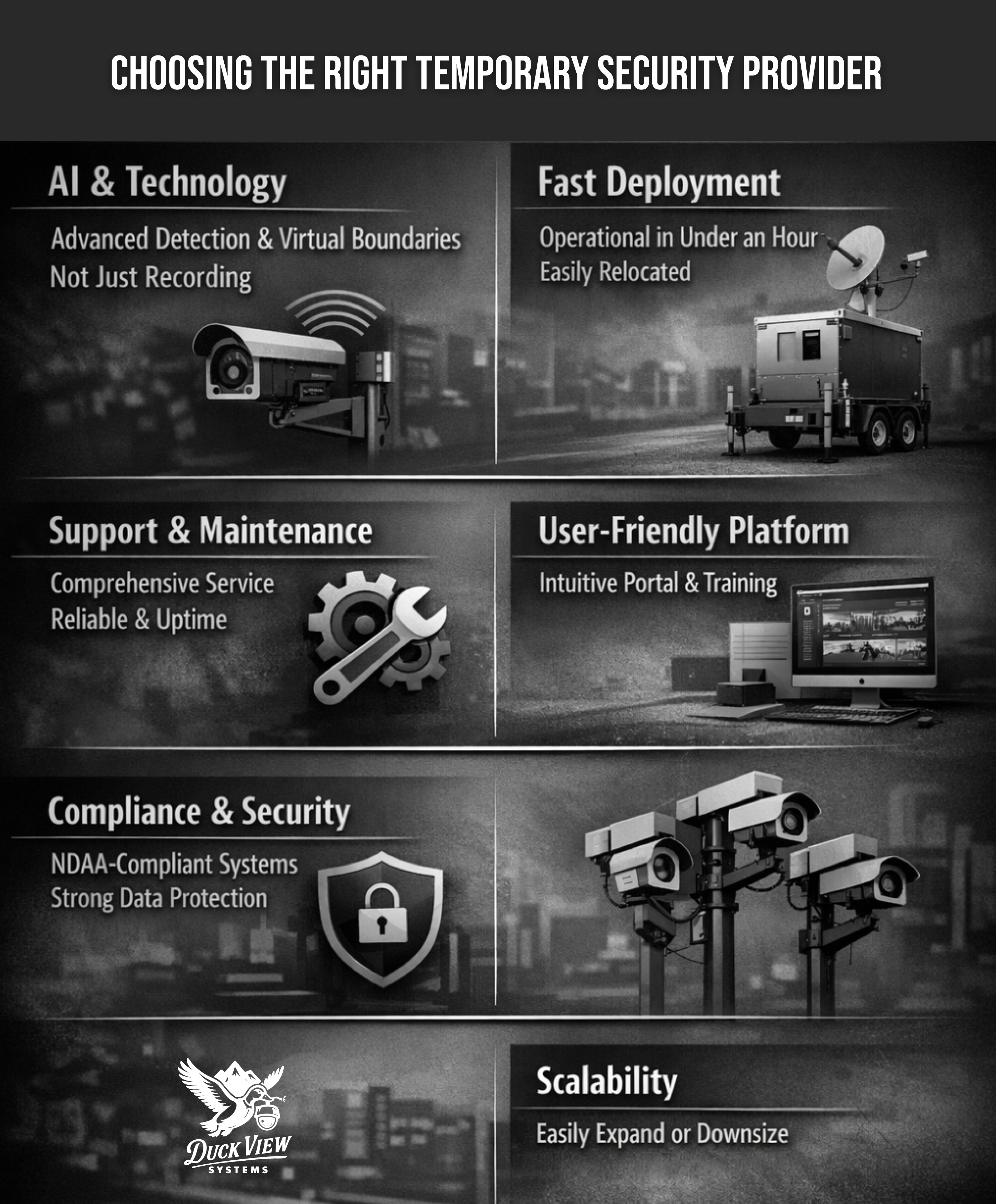 Choosing the Right Temporary Security Provider Temporary security solutions compared across key features like AI detection, fast deployment, monitoring platforms, and scalable site protection systems.