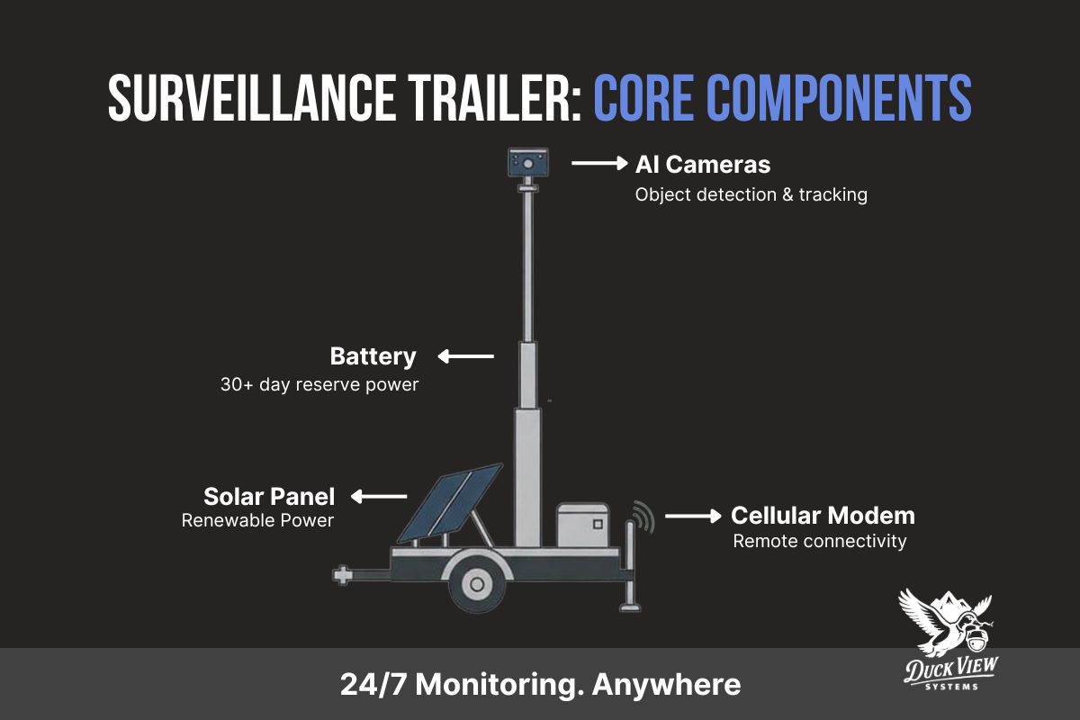 Surveillance Trailer Core Components Diagram showing key parts of a mobile security camera trailer, including solar panel, battery, AI cameras, and modem for remote monitoring.