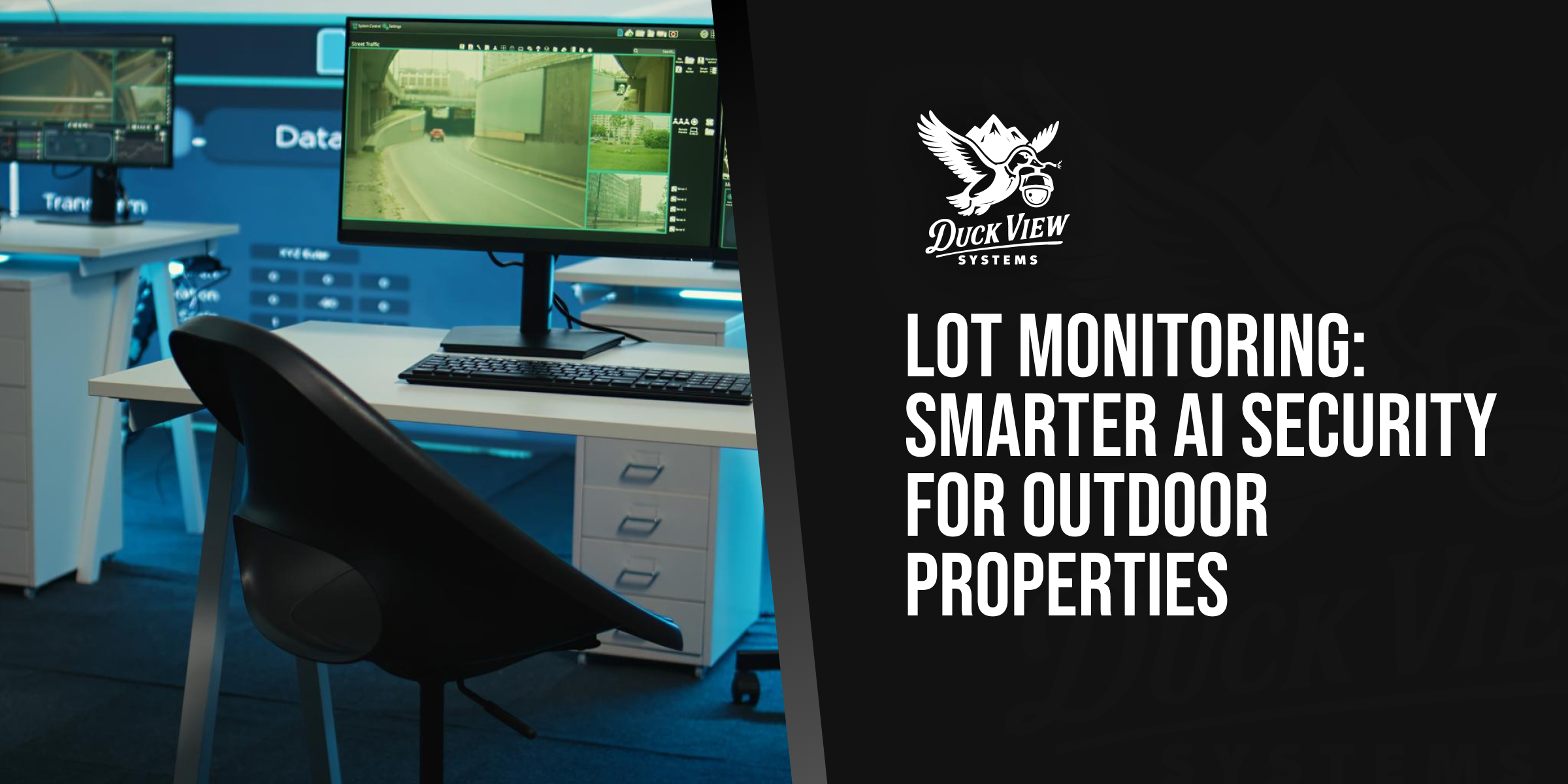 Security control room displaying live camera feeds on monitors, representing AI-powered lot monitoring for outdoor properties and commercial sites.