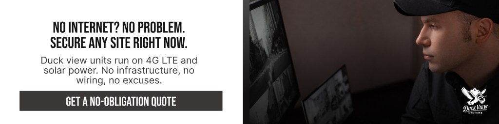 Security Camera Without WiFi Quote CTA Technician monitoring screens promoting security camera without wifi or internet solution with solar power and 4G LTE setup CTA banner