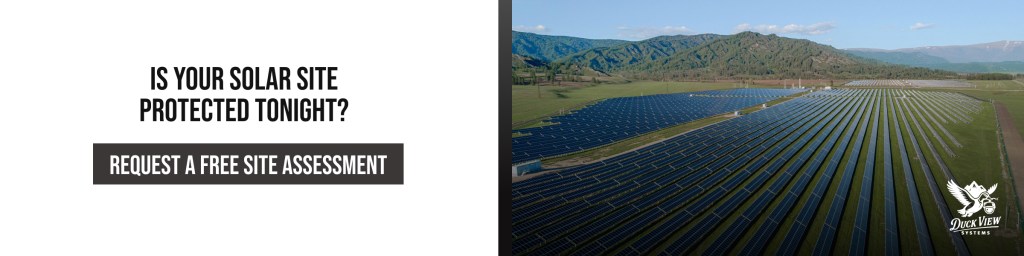 Protect Your Solar Site with AI Security Today Solar farm site with panels and security messaging showing how to prevent solar farm theft using monitoring and AI detection systems