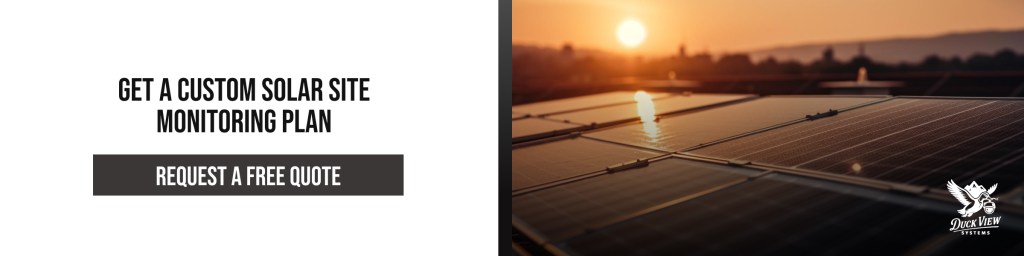 Custom Solar Site Monitoring Plans with AI Security Solar panels at sunset showing how to monitor a solar farm remotely with custom AI security and site monitoring solutions