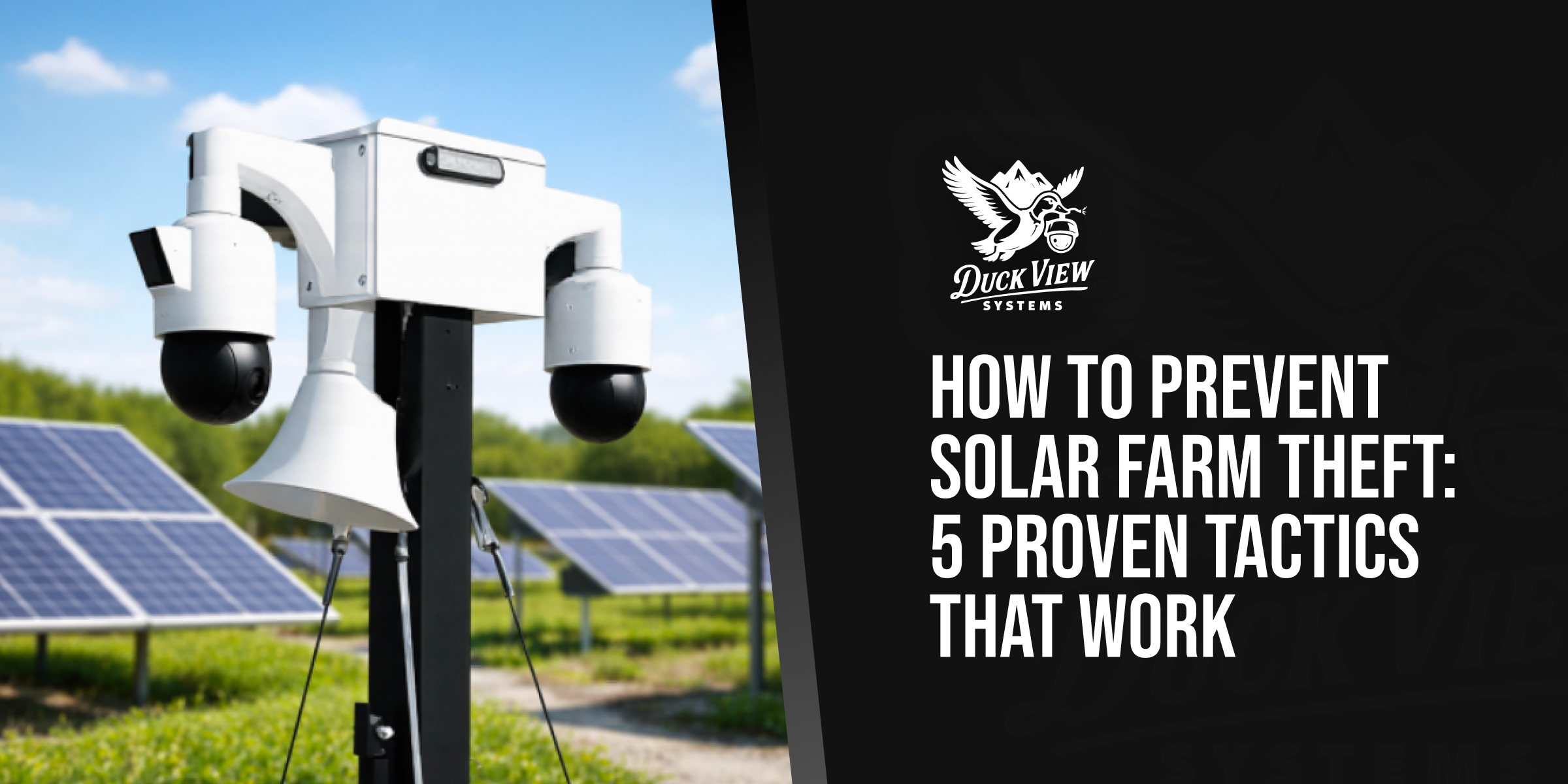 Security cameras monitoring solar panels showing how to prevent solar farm theft using surveillance systems