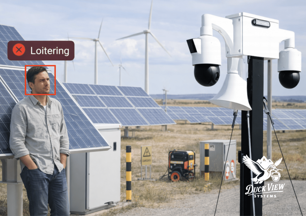 AI Detects Loitering at Solar Farm in Real Time AI camera detecting loitering at solar farm showing how to prevent solar farm theft with real time monitoring and alerts