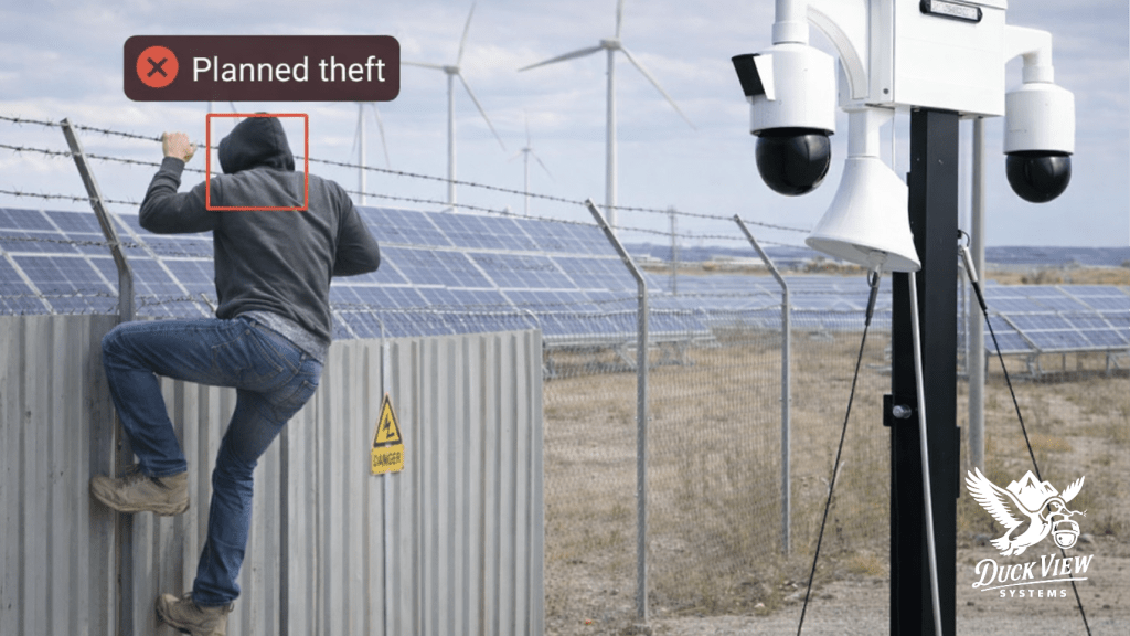 AI Detects Planned Solar Farm Theft in Real Time Intruder climbing fence at solar farm detected by AI camera showing how to prevent solar farm theft with real time alerts