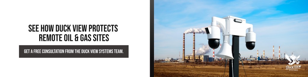 Remote Oil and Gas Site Security Solutions Mobile surveillance trailer for oil and gas site protecting remote facility with advanced cameras monitoring industrial environment