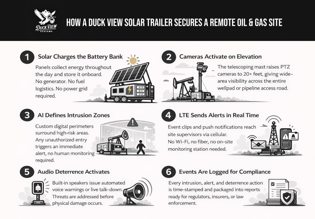 How Solar Surveillance Trailers Secure Oil Sites Mobile surveillance trailer for oil and gas site showing solar power, AI detection, alerts, and monitoring steps for remote security operations