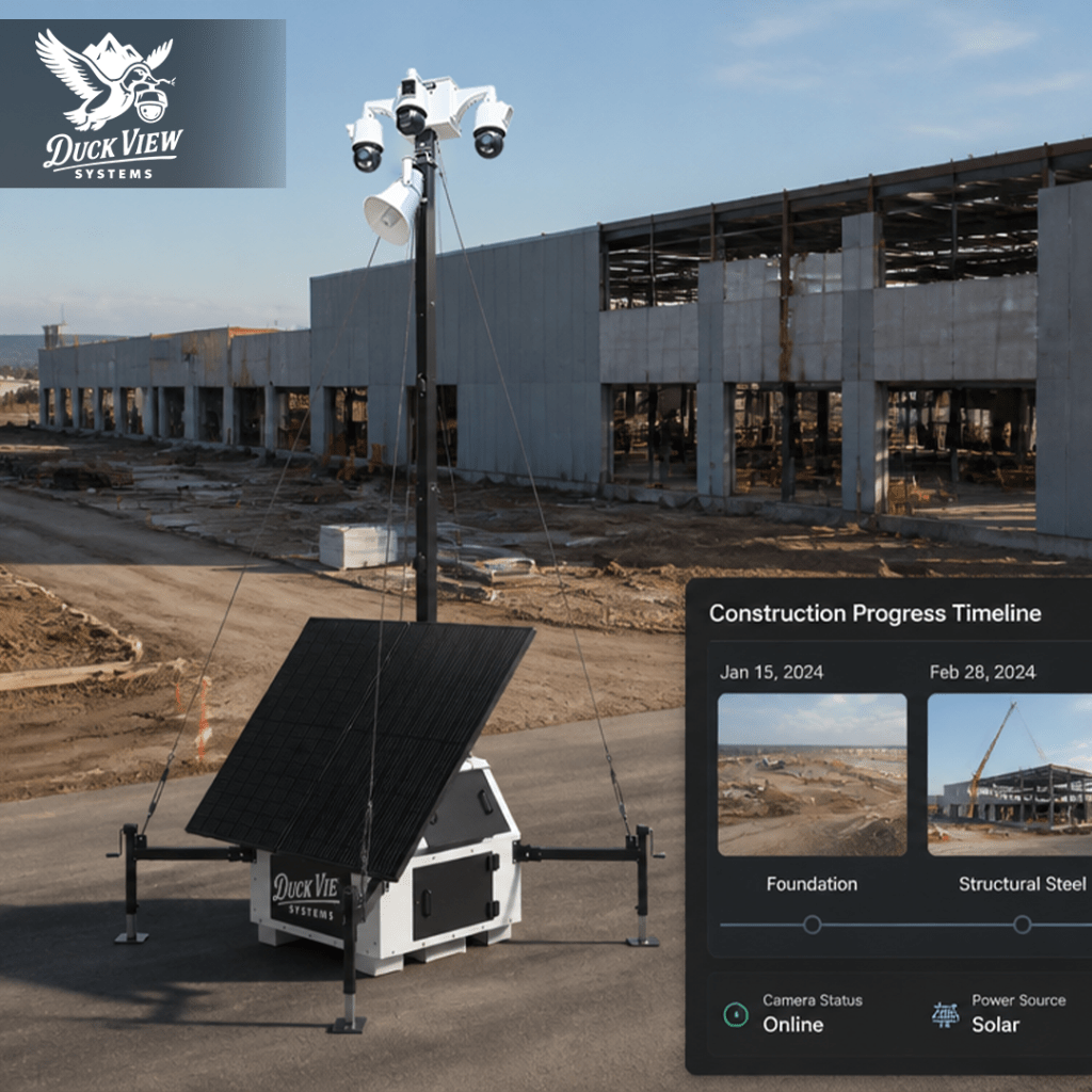 Construction site surveillance cameras on a solar-powered monitoring trailer tracking building progress and site activity.