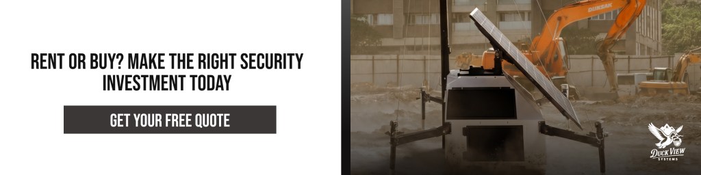Construction site protected by a solar-powered surveillance trailer with CTA for should you rent or buy a mobile surveillance trailer.