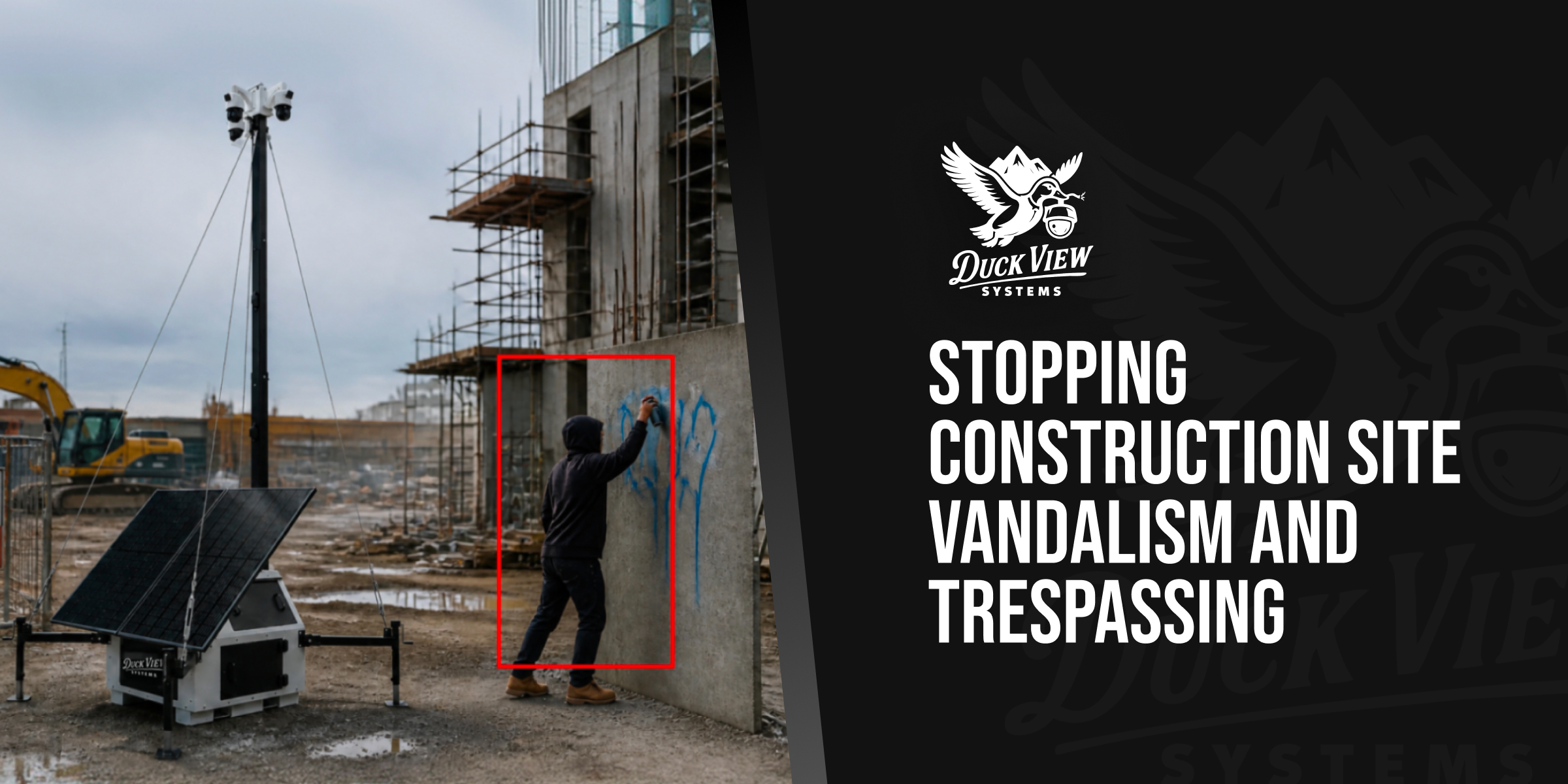 Solar security camera detects construction site vandalism as a trespasser sprays graffiti on an active jobsite wall.