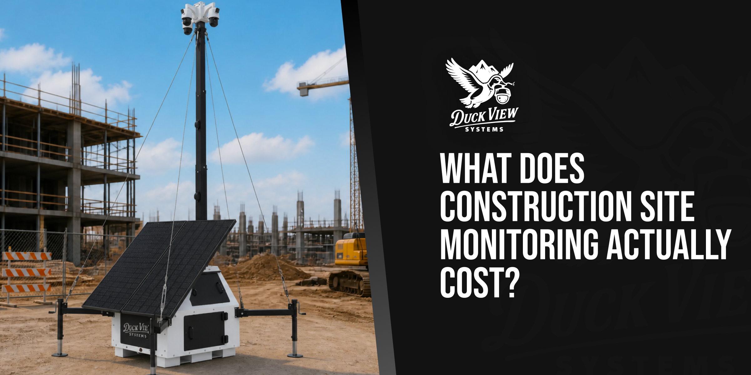 Solar surveillance trailer at an active jobsite illustrating construction site monitoring cost for security planning.