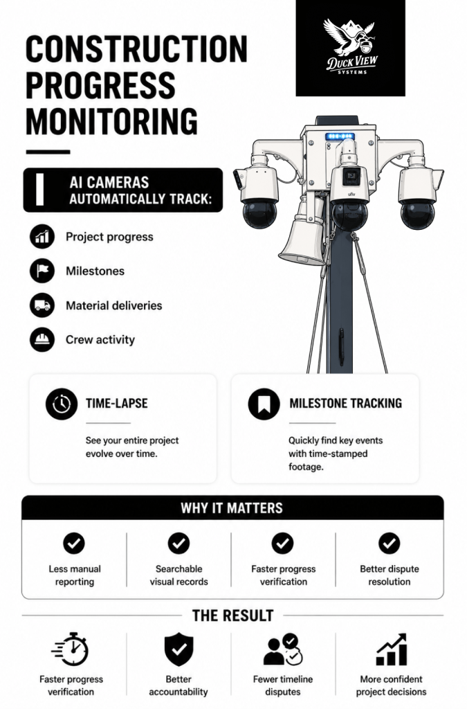 Construction progress monitoring infographic showing AI cameras tracking milestones, crew activity, deliveries, and project progress.