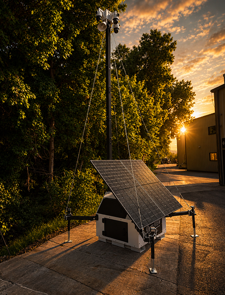 Mobile surveillance trailer for events with solar panels and mounted cameras positioned outdoors at sunset near a facility.