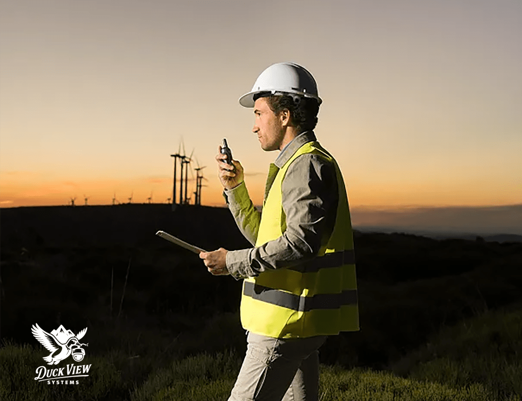 Worker assessing a remote jobsite with radio and tablet, illustrating construction site monitoring cost planning and risk.