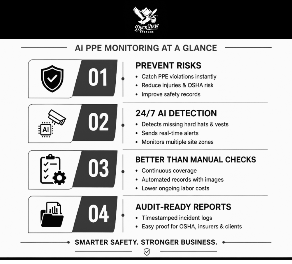 Construction Site PPE Compliance with AI Monitoring AI dashboard showing construction site PPE compliance with real-time hard hat and vest detection, alerts, and audit reports.