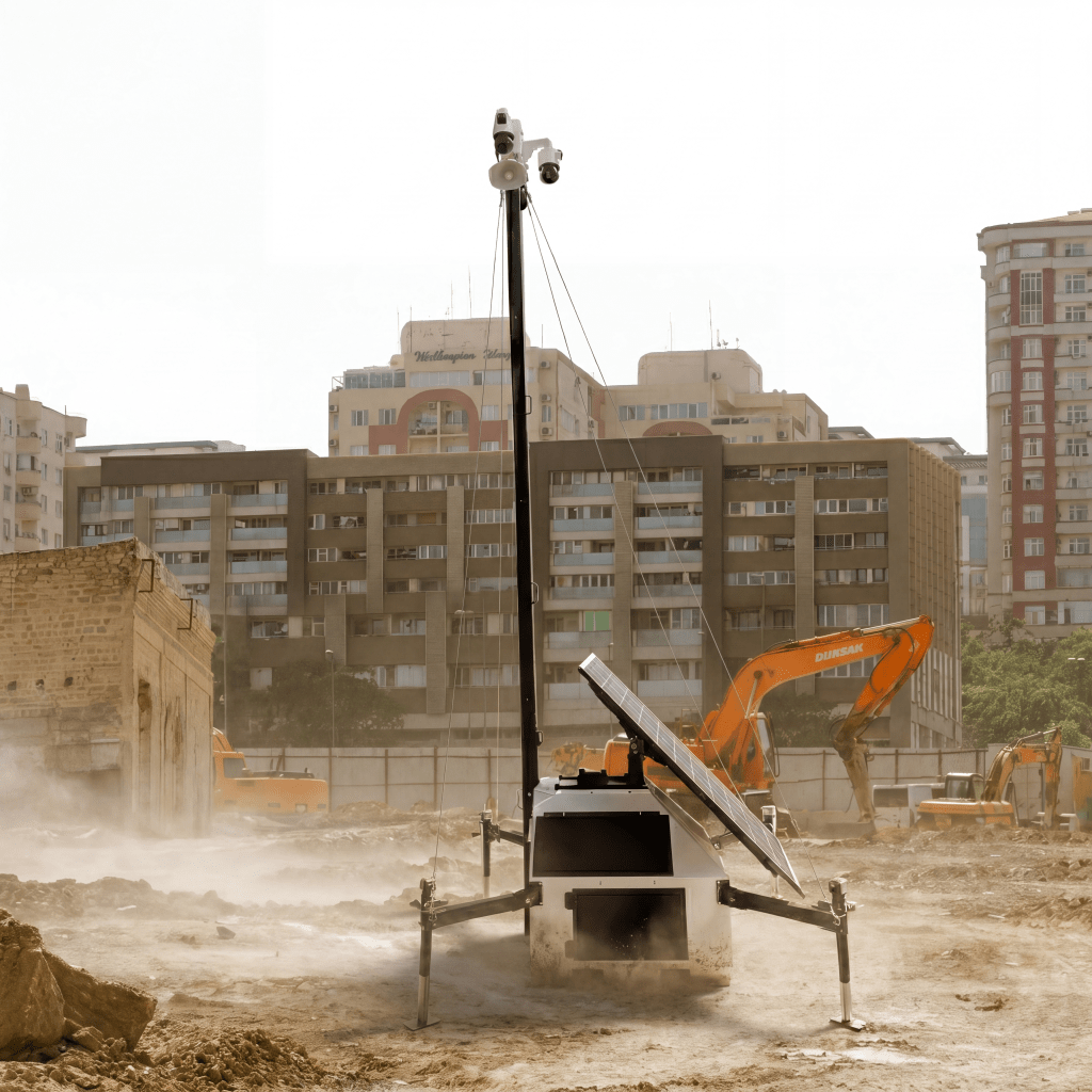 Construction Site Surveillance for PPE Compliance Solar-powered surveillance trailer monitoring a work zone to support construction site PPE compliance and improve safety.