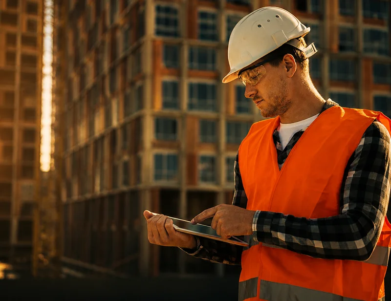 Construction progress monitoring with a site manager using a tablet to track project updates on an active job site.