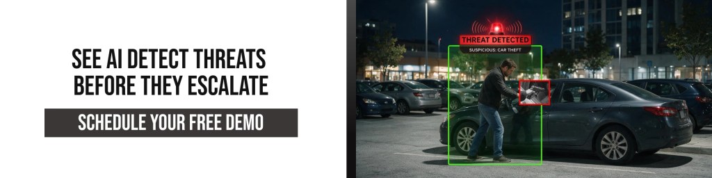 AI threat detection surveillance flags a suspected car theft in a parking lot with real-time alerts.