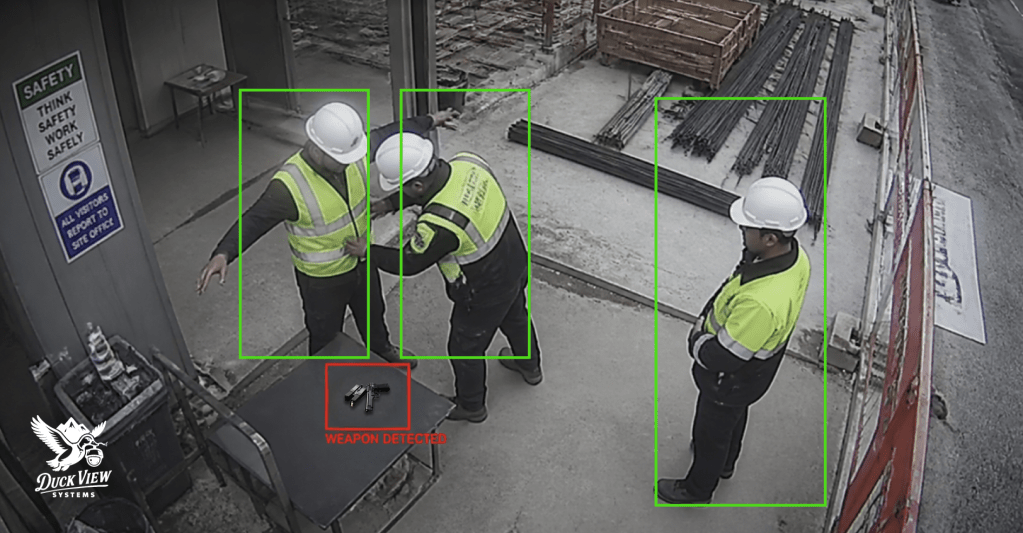 AI weapon detection surveillance monitors workers at a construction site, using real-time alerts to flag activity.