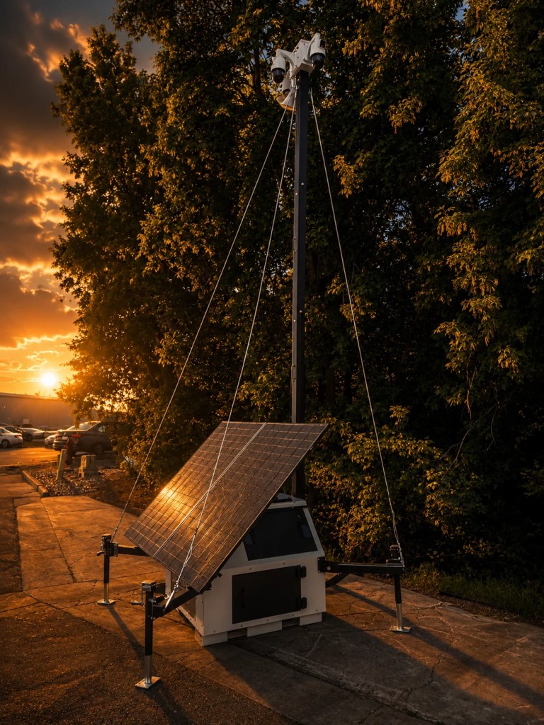 Solar-powered surveillance camera tower monitors a job site as part of how to prevent loitering and deter trespassers.