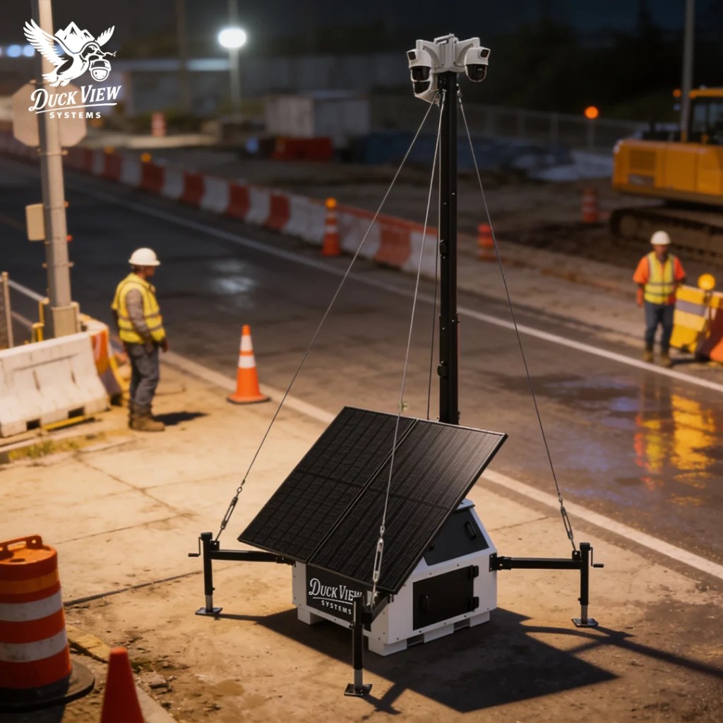 Mobile surveillance trailer shows how to prevent trespassing at a construction site with cameras and solar power.